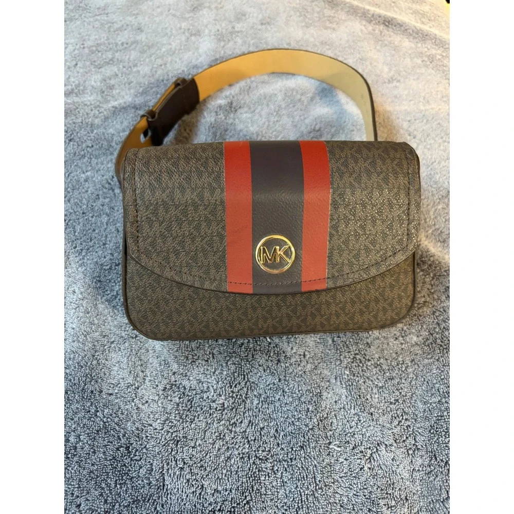 Michael Kors Signature Logo Belt Bag Brown Red Stripe Waist Pack 558536 S/M